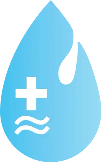 Blue water droplet icon featuring a medical cross and wavy lines, symbolizing hydration and health benefits in IV therapy.