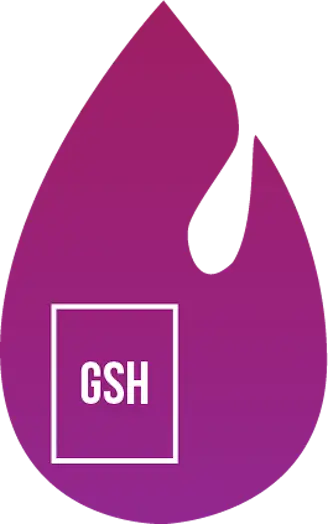 Purple flame logo featuring "GSH," representing Glutathione, an antioxidant linked to detoxification and skin health, relevant to Longitude Health's IV therapy services.
